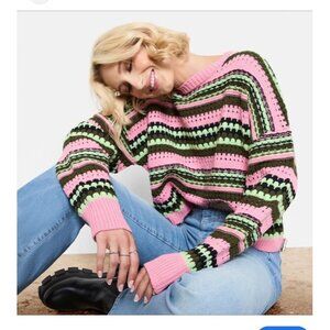 Circus NY Sam Edelman Stripe Knit Sweater XL Pink Green Black Cotton Blend Retro